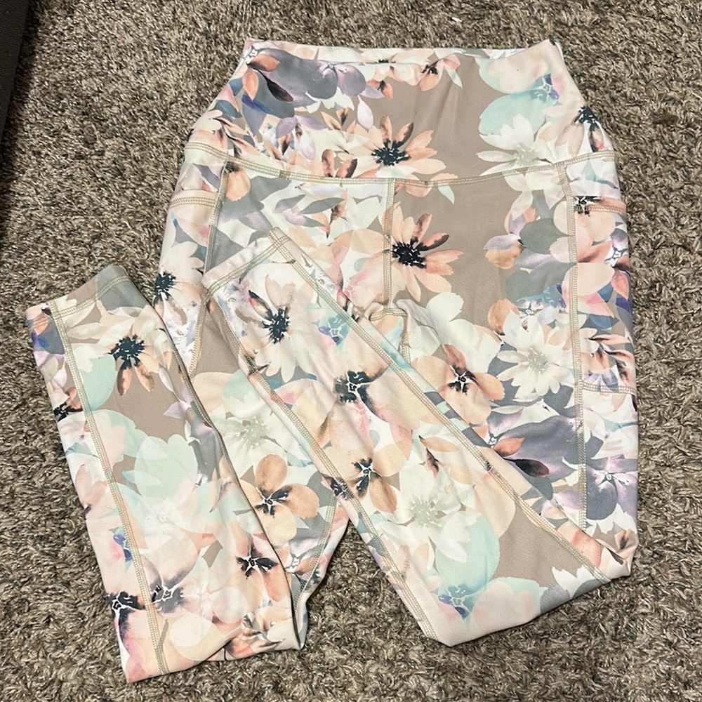 RBX Pink and Tan Leggings with Stretchy Floral Design